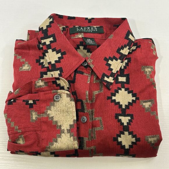 Lauren Ralph Lauren Tops - Lauren Ralph Lauren Button Shirt Womens Petite S Red Tan Aztec Southwest Cotton